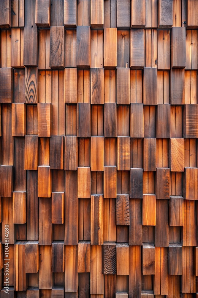 Textured wooden wall design featuring varying shapes and shades of brown, creating a warm and inviting atmosphere in a modern space. AI. Textured wooden wall design featuring varying shapes and shades of brown, creating a warm and inviting atmosphere in a modern space. AI.