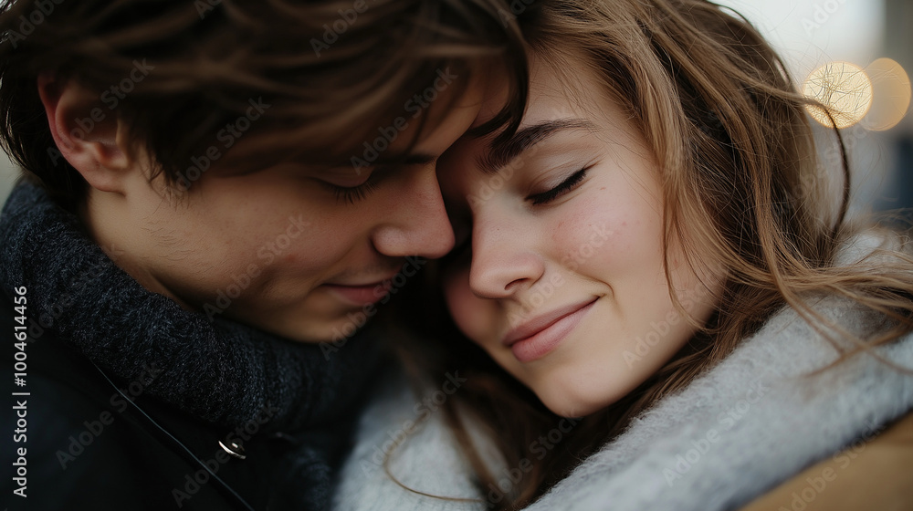 Young couple snuggled up together, their faces gently touching, wrapped in cozy scarves, with soft lighting, symbolizing warmth, affection, and emotional closeness.