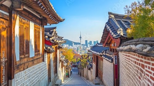 Gorgeous view of cozy old narrow street and traditional Korean houses of Bukchon Hanok Village in Seoul, South Korea. Seoul Tower on Namsan Mountain is visible on blue sky background. Scenic cityscape