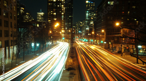 A long-exposure photograph of city traffic at night, with car headlights creating light trails.