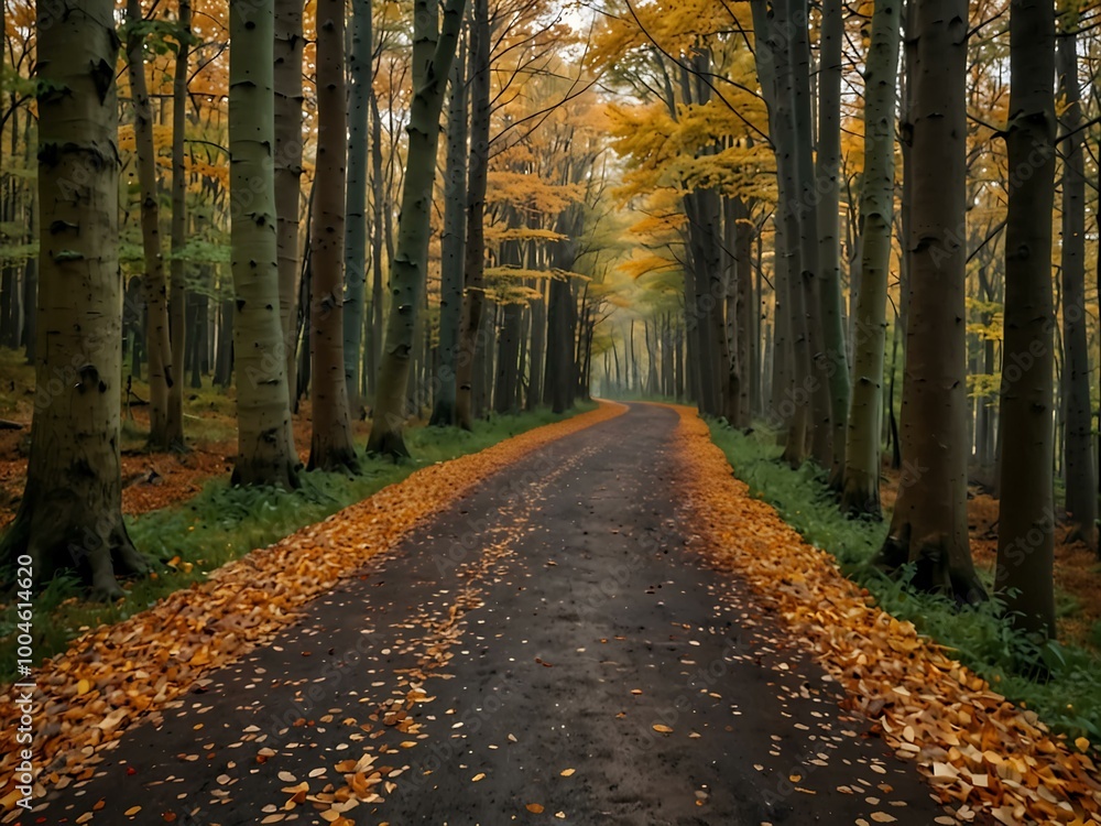 Autumn forest path with falling leaves. Autumn forest path with falling leaves.