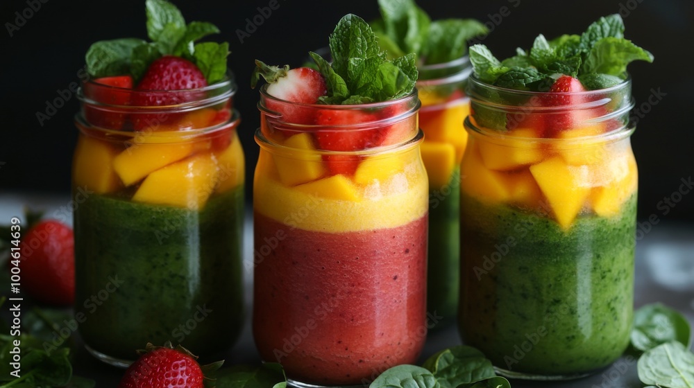 A colorful array of fruit smoothies in glass jars, featuring vibrant layers of strawberry, mango, and spinach smoothies, garnished with fresh fruits and mint leaves. A colorful array of fruit smoothies in glass jars, featuring vibrant layers of strawberry, mango, and spinach smoothies, garnished with fresh fruits and mint leaves.