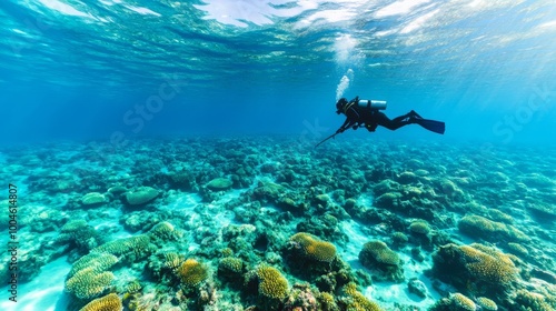 Spearfisher diving through crystal-clear waters, reef below, extreme underwater hunting photo