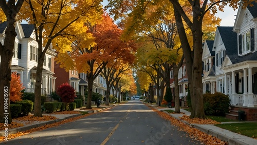 Autumn street scene with houses and fall foliage.