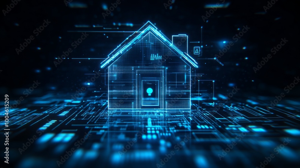 A digital representation of a house symbolizing smart home technology and connectivity. A digital representation of a house symbolizing smart home technology and connectivity.