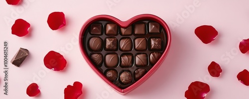 Heart shaped box overflowing with gourmet chocolates and rose petals