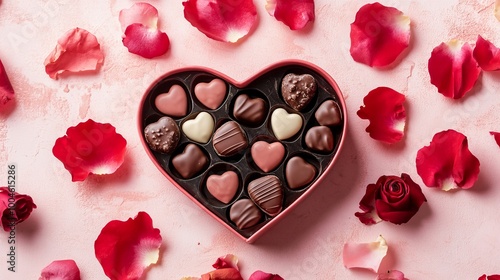 Heart shaped box of chocolates surrounded by rose petals on valentine's day
