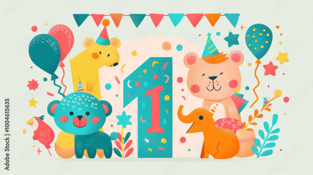 Obraz premium Colorful Animal Birthday Celebration with Number One