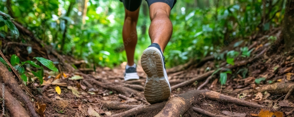 Fototapeta premium Trail runner navigating dense forest paths, roots and rocks creating obstacles, athletic endurance, raw nature energy