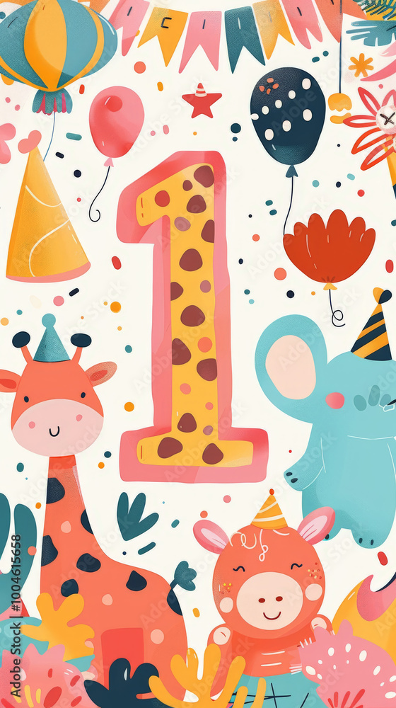 Obraz premium Cute Animal Party with Number One and Balloons
