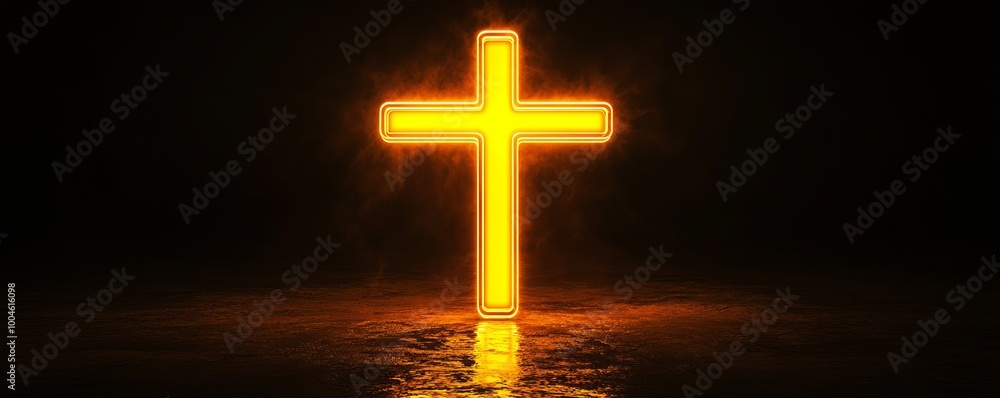 Glowing christian cross standing on wet ground in the dark Glowing christian cross standing on wet ground in the dark