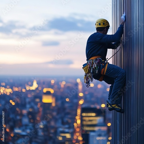 Urban climber ascending a skyscraper, city lights below