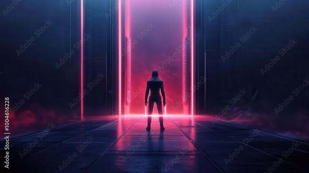 Alien warrior with a glowing plasma sword, standing in front of a futuristic fortress surrounded by neon lights, Sci-Fi, 3D Art Alien warrior with a glowing plasma sword, standing in front of a futuristic fortress surrounded by neon lights, Sci-Fi, 3D Art