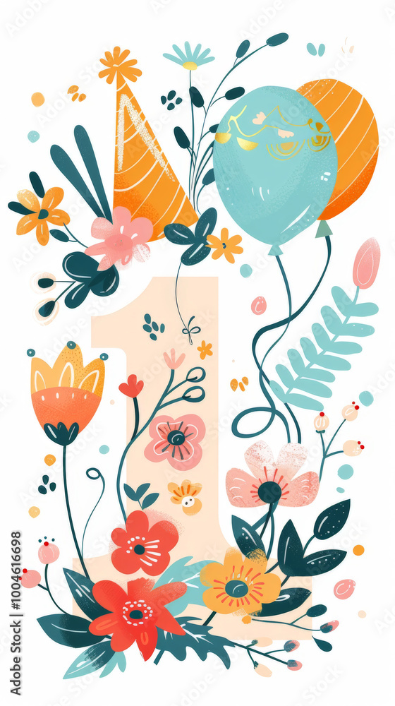 Whimsical number one with floral birthday elements Whimsical number one with floral birthday elements