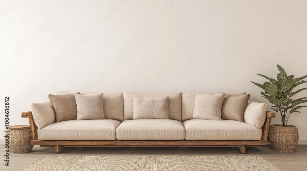 A cozy light beige sofa with wooden accents and decorative pillows in a minimalist living room setting A cozy light beige sofa with wooden accents and decorative pillows in a minimalist living room setting