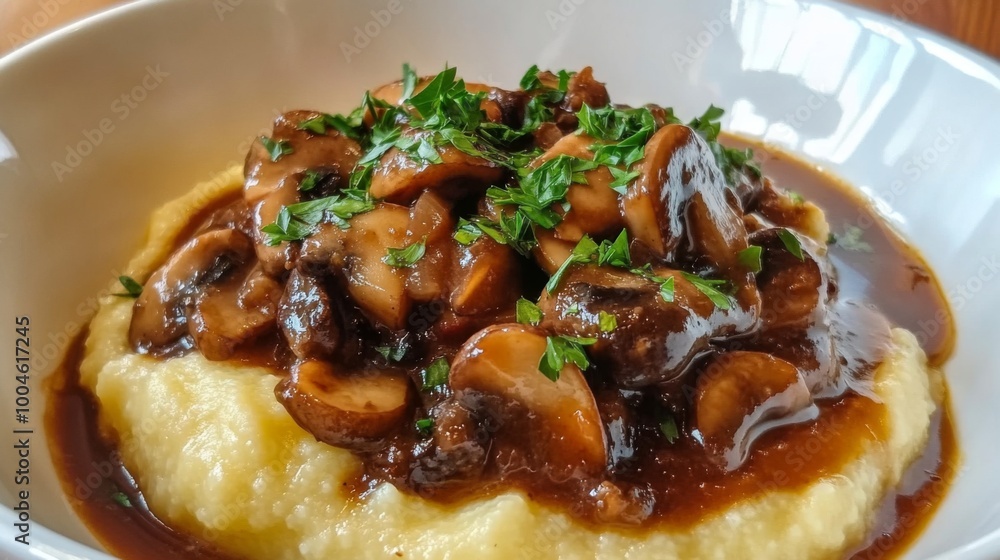 A creamy bowl of polenta served warm, topped with a rich mushroom rag and garnished with fresh parsley, showcasing its smooth texture and inviting aroma. A creamy bowl of polenta served warm, topped with a rich mushroom rag and garnished with fresh parsley, showcasing its smooth texture and inviting aroma.