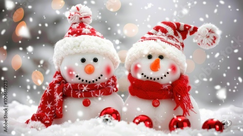 Two cute, happy snowmen wearing red scarves 