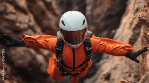 Wingsuit flyer navigating through narrow mountain passages, ultimate aerial daredevil experience photo