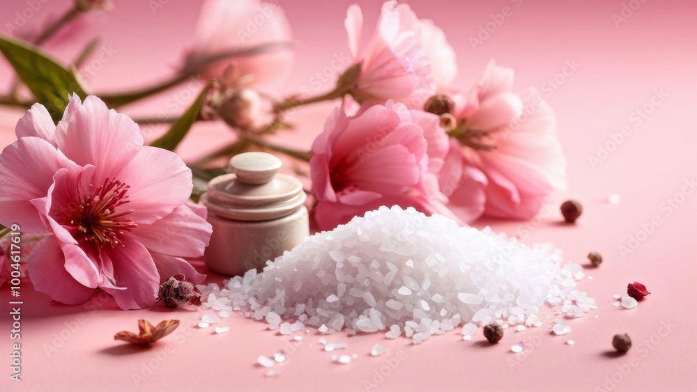 Fragrant sea salt and beautiful flowers on a pink background. An advertising photo with a place for the text. Fragrant sea salt and beautiful flowers on a pink background. An advertising photo with a place for the text.