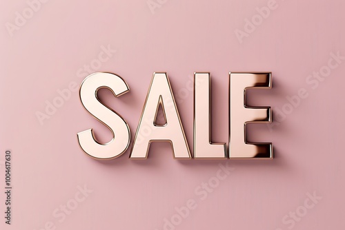 A shiny, three-dimensional "SALE" sign is displayed against a soft pink background, emphasizing promotional offers and discounts.