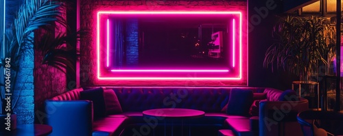 Empty trendy nightclub lounge with neon lights reflecting in mirror