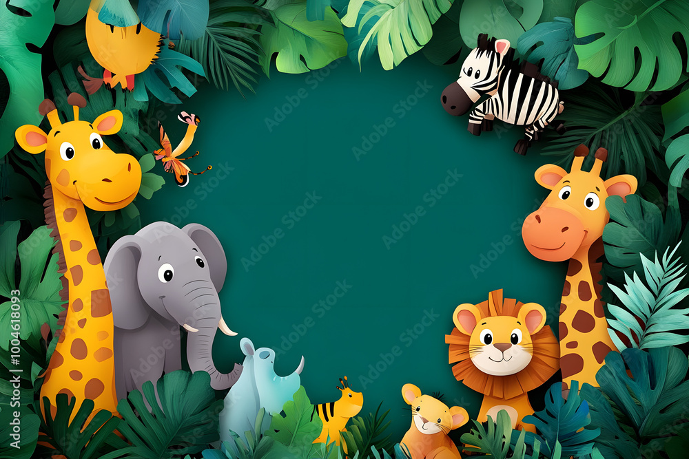 Naklejka premium Cute cartoon safari animal frame border on background for kids.