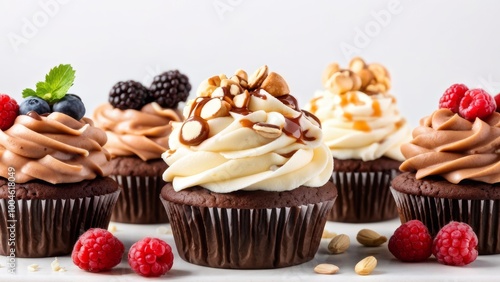 Promotional photo of chocolate, vanilla and salty caramel cupcakes with fresh berries and peanuts on a white background.