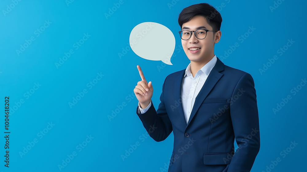 Young Asian businessman in formal suit over isolated background pointing with index finger and virtual speech bubble. Business advertising concept. Copy paste area Young Asian businessman in formal suit over isolated background pointing with index finger and virtual speech bubble. Business advertising concept. Copy paste area