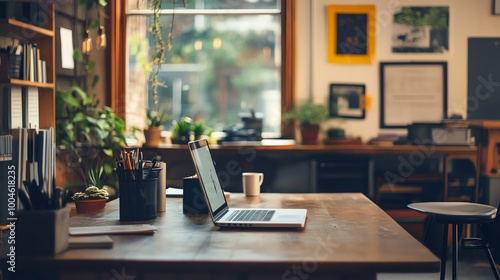 A laptop sits on a wooden desk in a home office, surrounded by plants and natural light.