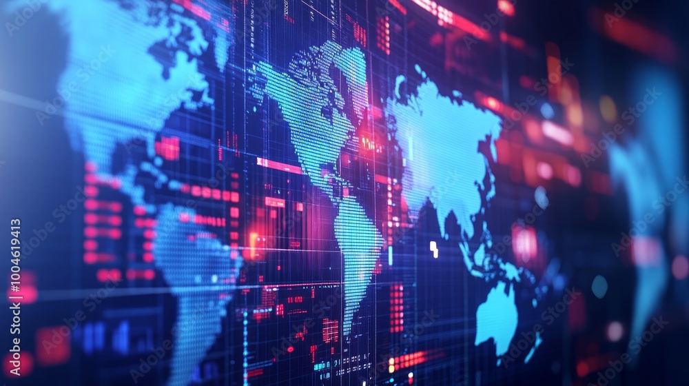 A digital world map with data overlays, symbolizing global connectivity and technology. A digital world map with data overlays, symbolizing global connectivity and technology.