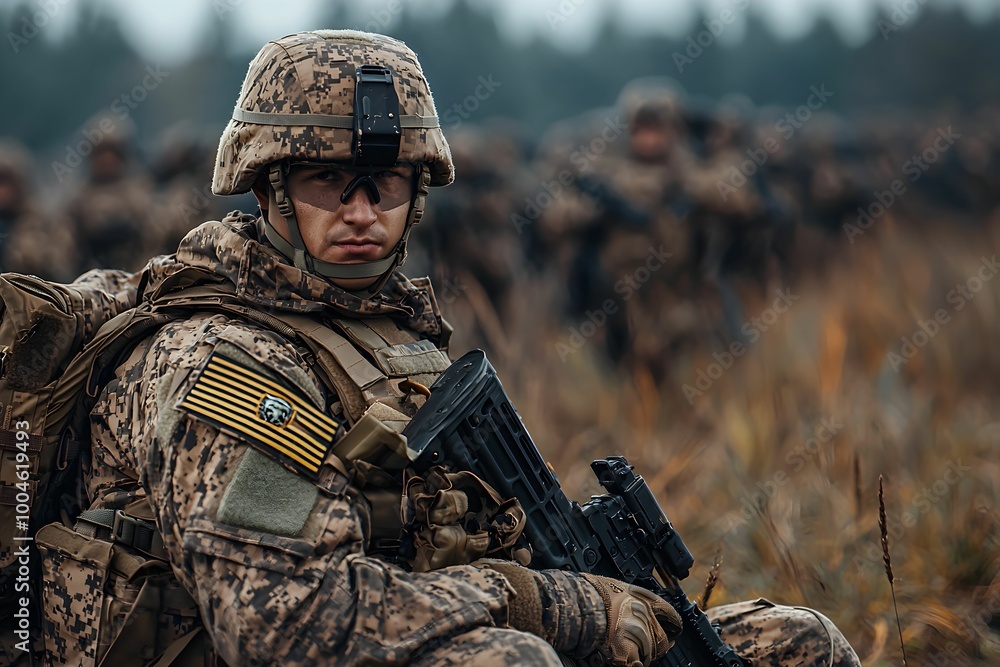 Soldier in camouflage uniform seated in field during military training Soldier in camouflage uniform seated in field during military training