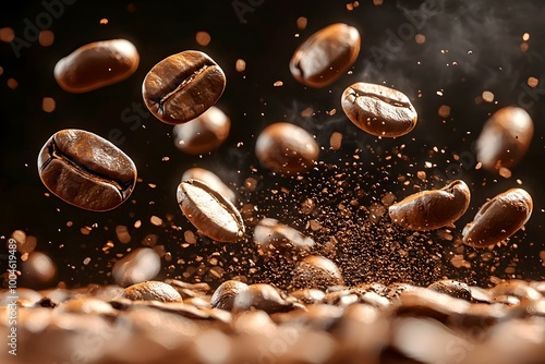 Coffee beans rising from a dark ground coffee bed