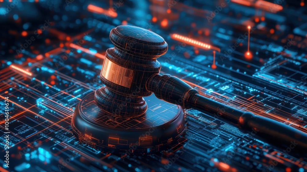 A courtroom gavel in a modern digital jurisdiction concept, AI and digital technology challenges with legal compliance A courtroom gavel in a modern digital jurisdiction concept, AI and digital technology challenges with legal compliance