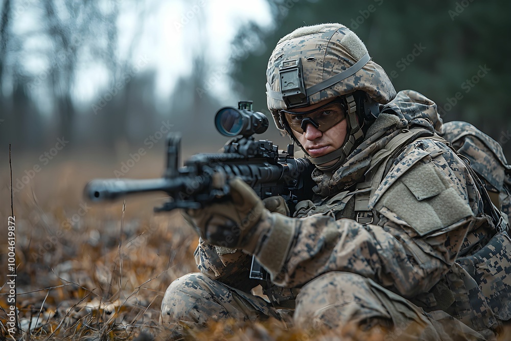 Soldier aiming rifle in camouflage attire during outdoor training Soldier aiming rifle in camouflage attire during outdoor training