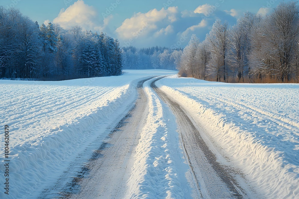 Snow-covered winding road through a winter landscape at dusk Snow-covered winding road through a winter landscape at dusk