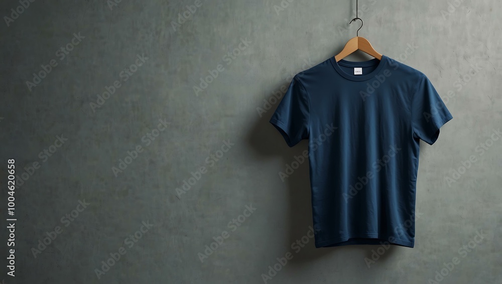 Blue T-shirt hanging in a minimalist setting. Blue T-shirt hanging in a minimalist setting.