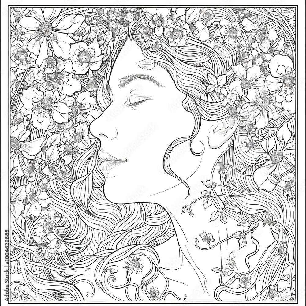 Intricate female portrait with flowing hair and detailed floral patterns in black and white Intricate female portrait with flowing hair and detailed floral patterns in black and white