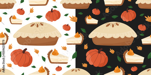 Thanksgiving pattern set with apple pie, pumpkins and autumn leaves on light and dark background. Delicious homemade pies - symbol of cozy thanksgiving dinner. For holiday decor, wrapping paper