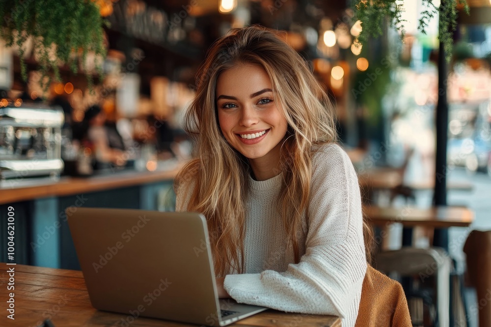 Woman Smiling While Working on Laptop in Cozy Cafe. Woman Smiling While Working on Laptop in Cozy Cafe.