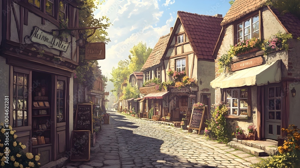 Obraz premium A charming cobblestone street lined with cozy cottages and quaint shops in a picturesque European village bathed in warm afternoon sunlight with a soft dreamlike impressionist style and a nostalgic