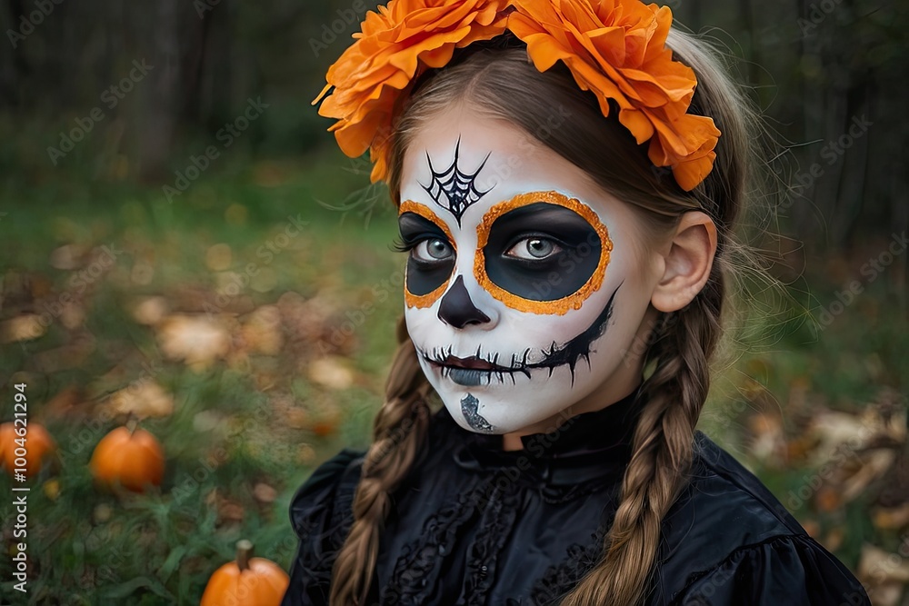Scary Halloween makeup on a girl face in the form of a skull, a corpse. Halloween Party. Scary Halloween makeup on a girl face in the form of a skull, a corpse. Halloween Party.