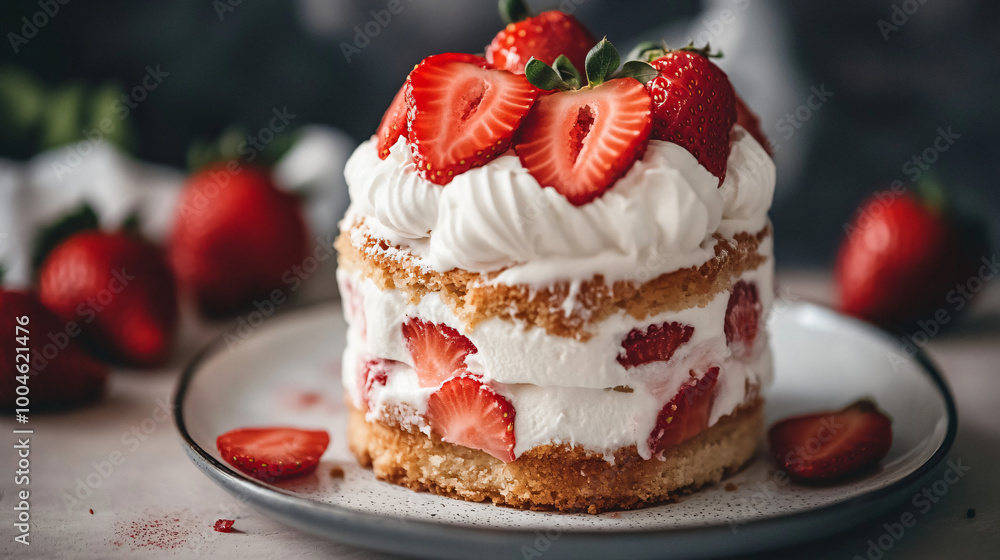 A light and airy strawberry shortcake with whipped cream and fresh strawberry slices. A light and airy strawberry shortcake with whipped cream and fresh strawberry slices.