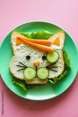 Creative sandwich shaped like a cat with vegetables on a colorful plate photo