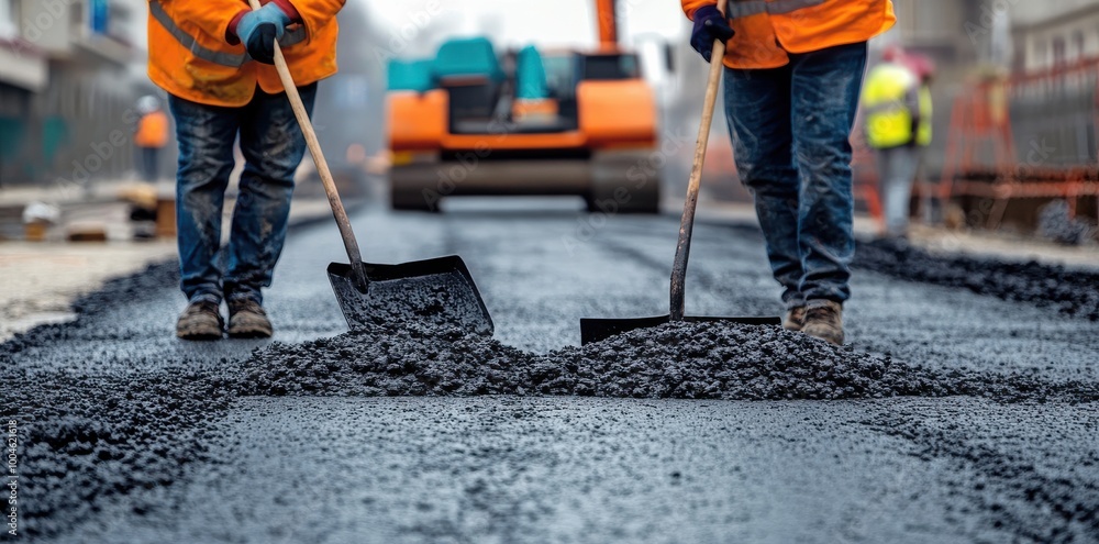 Construction Workers Spreading Asphalt on Road Surface. Construction Workers Spreading Asphalt on Road Surface.