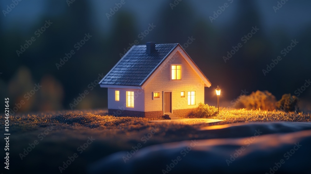 Small model house standing on grass at night with lights on Small model house standing on grass at night with lights on