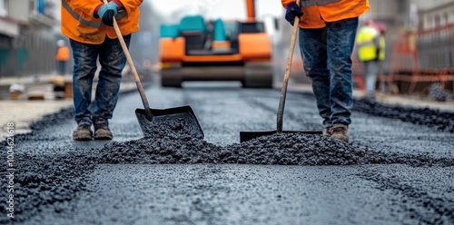 Construction Workers Spreading Asphalt on Road Surface.