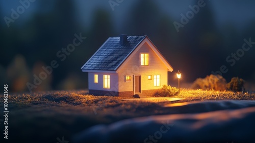 Small model house standing on grass at night with lights on