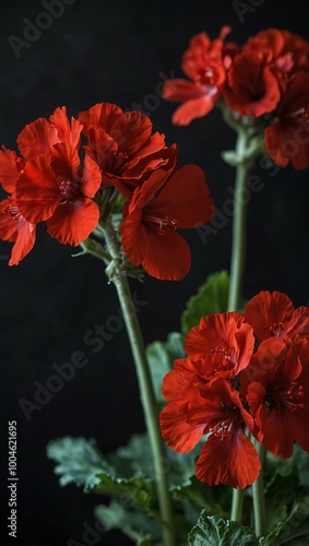 Bouquet of vibrant red geraniums against a dark background.