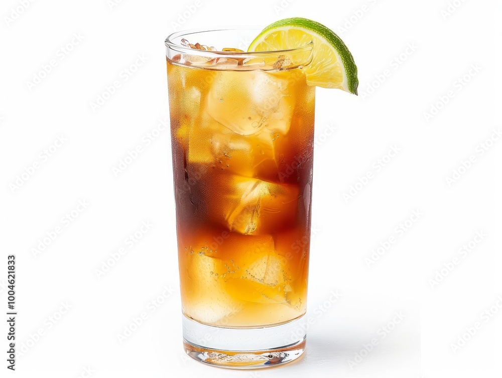 A dark and stormy cocktail in a highball glass with a lime wedge on a white background A dark and stormy cocktail in a highball glass with a lime wedge on a white background