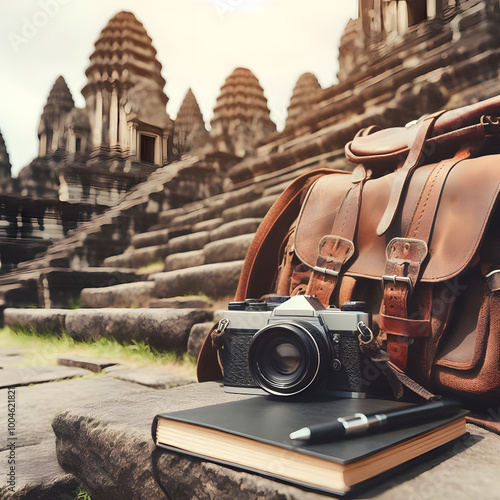 camera on book on the old wall photo